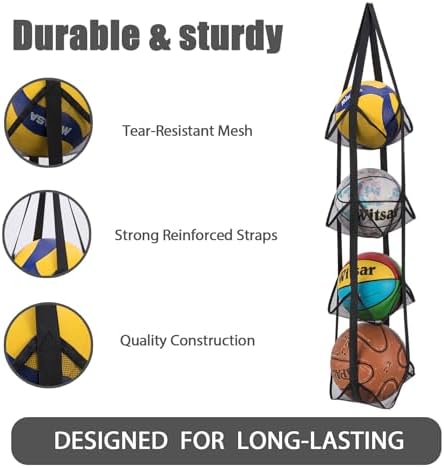 Black Hanging Sports Ball Organizer Bag | Mesh Wall Mount Storage for Basketball, Football, Soccer, Volleyball | Garage & Home Equipment Storage Solution - Image 5
