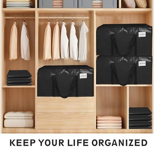 4 Pack-Extra Large Heavy Duty Moving Bags - Waterproof Storage Totes with Handles & Zippers, Foldable for College Dorm, Storage (Black) - Image 5