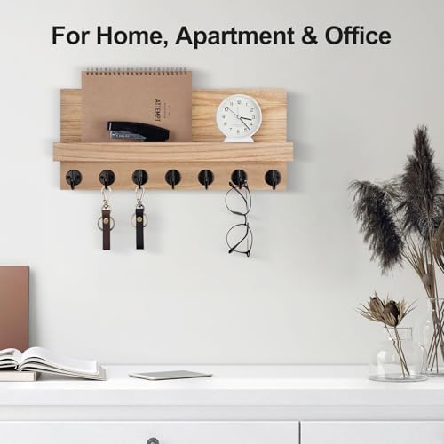 Lwenki Key Holder Wall Mount, Entryway Key and Mail Holder with 7 Sturdy Hooks for Sunglasses, Dog Leash, Decorative Wall Shelf with Mounting Hardware, 15”W x 6.7”H x 4.2”D (Wood) - Image 5