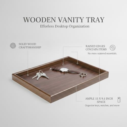 Entryway & Desk Organizer Tray, Solid Wood Rectangular Catchall with Raised Edges for Keys and Watches, 13 x 9.1 Inches, Walnut Finish - Image 4