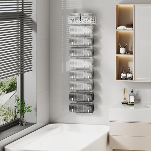 SWTYMIKI Hanging Towel Racks for Bathroom - 9 Tier Over the Door & Wall Mounted Bath Rolled Towel Storage Organizer Holder for Small Bathroom, RV, Camper, White (Patented) - Image 5