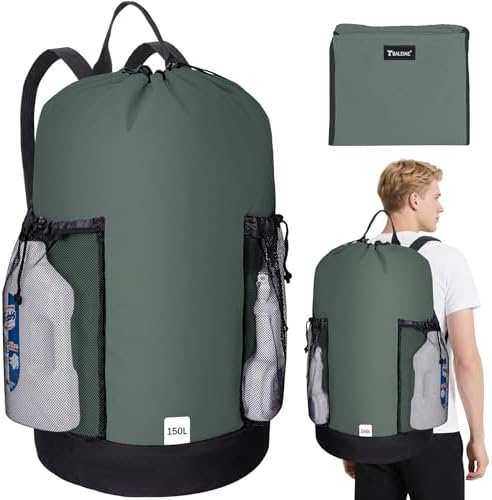 BALEINE 150L Laundry Bag Backpack, 900D Oxford Fabric Large Travel Laundry Bags with Shoulder Straps and 2 Mesh Pockets for College Dorm, Apartment, Laundromat (Dark Grey, 150L) by BALEINE