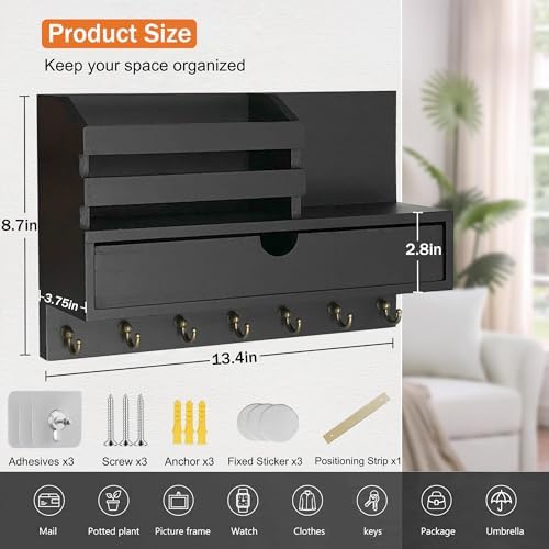 dreampossible Key and Mail Holder for Wall, Mail Organizer Wall Mount with 7 Hooks and Storage Drawer, Wooden Key Rack Hanger with Shelf for Entryway and Home Decor - Image 2