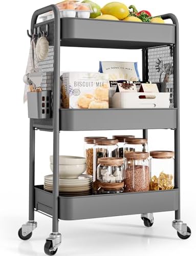 TOOLF 3 Tier Rolling Cart, Metal Utility Storage Cart with Pegboard, Grey | 2 Bins & 4 Hooks, Screwless Assembly, Lockable Wheels, Trolley Organizer for Bathroom, Kitchen, Office, Dorm, Craft Room by TOOLF