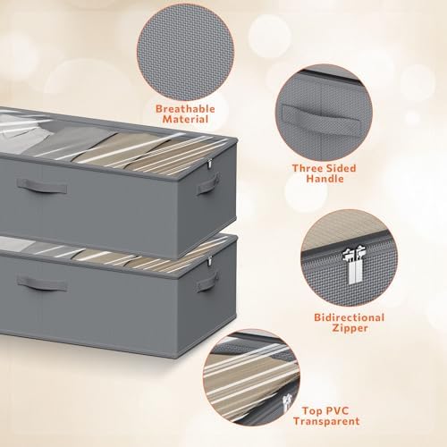 10inch 3 Pack Under Bed Storage Containers, 10 Inch Tall Underbed Clothes Storage Organizer Bin with Clear Window，Foldable Box Basket for Clothes, Closet, Bed Sheets and Blankets Gray - Image 5