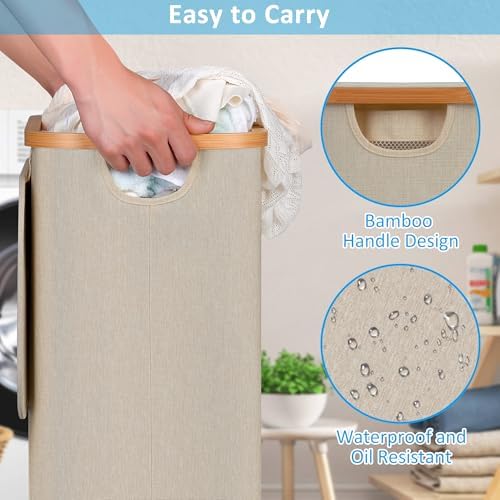 efluky Slim Laundry Hamper with Wheels, Narrow Laundry Basket with Lid and Removable Bag, Aesthetic Dirty Clothes Hamper on Wheels for Laundry Room, Bedroom, Dorm and Bathroom, 75L Beige - Image 3