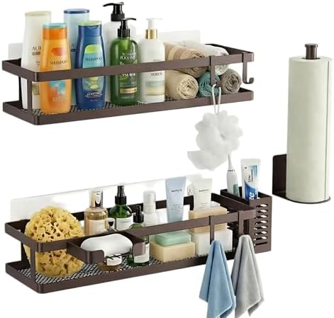 PUSDON 5-in-1 16.5" Extra Long Kitchen Organizer & Shower Caddy Set, Wall Mount Spice Rack with Paper Towel Holder, Utensil Holder & Soap Dish, Rustproof Mesh Storage Rack, Vintage Bronze, Guardrail - Image 3