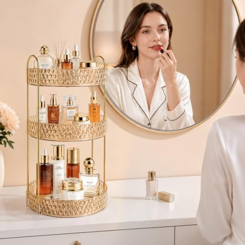 Large Capacity Rotating Makeup Organizer Perfume Stand Holder, 3 Tier Gold - Image 3