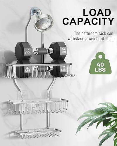 Shower Caddy Hanging - Never Rust Shower Hanging Organizer - Aluminum Over the ShowerHead Caddy with Soap Basket and 6 Hooks for Razor/Sponge (Shiny Silver) - Image 6