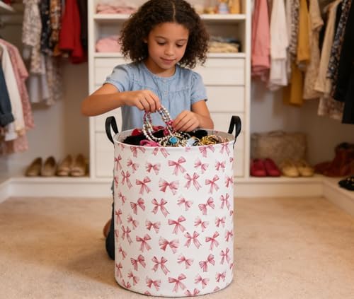 Essme Kids Laundry Basket,Pink Hamper Waterproof Storage Bin for Girls, Pink Hamper,Gift Baskets(Pink Bowknot) - Image 3