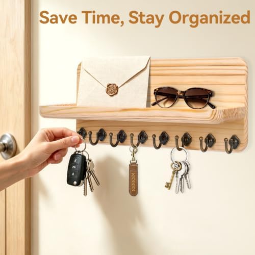 Key Holder for Wall, Mail Organizer Wall Mount with 8 Hooks Wooden Hanging Key Rack for Home Decor, Hallway, Entryway (Wood Color) - Image 2