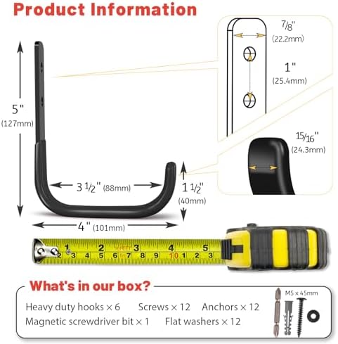 Garage Hooks 4 Inch, 6 Pack Heavy Duty Wall Hooks for Hanging - Image 6