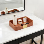Luxury Leather Valet Tray Desktop Storage Organizer,Bedside Vanity Catchall Tray Nightstand Caddy Holder for Cosmetic,Jewelry,Watch,Keys,Phone,Wallet,Remote Controller,Pen,Orange - Image 4