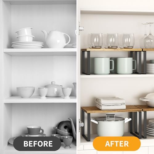 Kitchen Cabinet Organizer Shelf Set of 4, Sturdy Kitchen Counter Shelves with Metal Legs, Stackable Expandable Wood Spice Rack Pantry Cupboard Dish Mug Cup Storage Organizer Shelf, Rustic Brown - Image 3