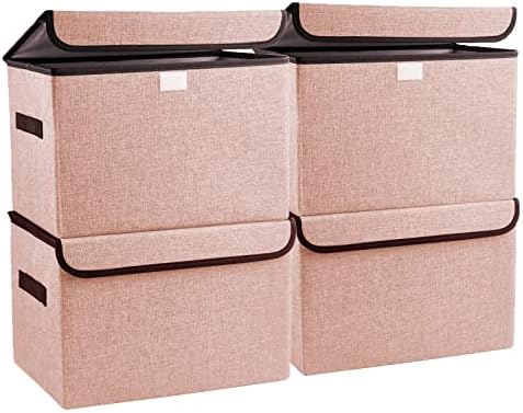 Bagnizer Linen Fabric Foldable Storage Cube Bin Organizer Basket with Flip-Top Lid & Handles, Large Clothes Blanket Box for Home, Office, Closet, Pink, 4 Pack 14.6 x 9.5 x 9.5” by Bagnizer