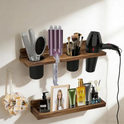 Hair Tool Organizer Wall Mount Holder, 2 Layer Rustic Blow Dryer Holder, Hair Product Wooden Storage Shelf for Hair Dryer, Curling Iron, Hot Tools, Vanity Accessories, Makeup, Toiletries(Dark Brown) by Unknown
