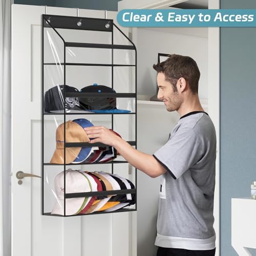 AOODA Clear Over the Door Hat Racks for Baseball Caps, Hold 48 Caps Hat Storage Organizer for Closet Wall, Deep Pockets Hanging Snapback Holder Shelves with 3 Hooks, Black - Image 5