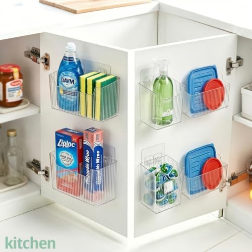 RR RAXMIN 6 Pack Cabinet Door Organizer ,Clear Storage Caddy, Adhesive Wall Mounted Organizer Bins, ,Stackable Basket for Kitchen Cabinets, Bathroom, Pantry, Office, and Tabletop Organization - Image 3