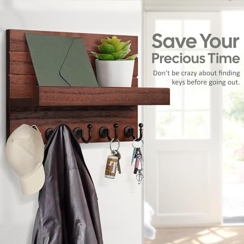 HONJIN Key Holder Wall Mount with Shelf and 5 Sturdy Key Hooks (Dark Brown) - Image 3