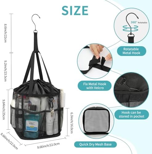Mesh Shower Caddy Portable for College Dorm Room Essentials, Shower Tote Bag with Hanging Hook and Drawstring, Quick Dry Toiletry Bag with 6 Pockets for Bathroom, Swimming, Gym, Camping, Beach, Travel - Image 5