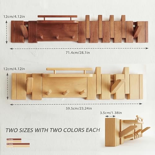 Mid Century Modern Wood Coat Rack Wall Mount with Shelf, 9 Hooks, Walnut - Image 5