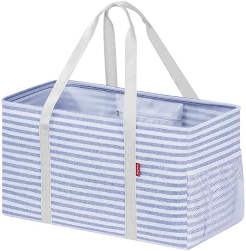 LHZK Standing Extra Large Utility Tote Bag with Metal Wire Frame and the Sides Rinforced, Extra Large Tote Bag with Handle, Reusable Grocery Bags Foldable, Beach Bag, Car Tote (Blue) by LHZK