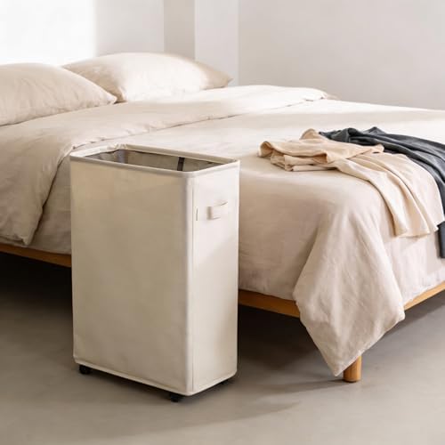Slim Laundry Hamper with Wheels, 52L Skinny Hamper, 22" Beige - Image 5