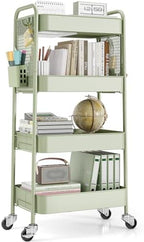 TOOLF 4 Tier Rolling Cart, Metal Utility Storage Cart with Pegboard, Green | 2 Bins & 4 Hooks, Screwless Assembly, Lockable Wheels, Trolley Organizer for Bathroom, Kitchen, Office, Dorm, Craft Room by TOOLF