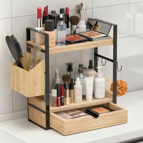 2-Tired Bathroom Counter Organizers and Storage, Bathroom Countertop Organizer with Drawer, Solid Wood Skincare Perfume Organizer for Vanity Kitchen Corner Shelf Office Countertop (Light Brown) - Image 2