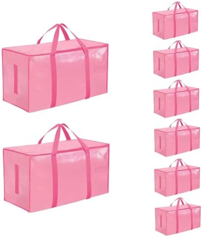 8 Pack-Extra Large Heavy Duty Moving Bags - Waterproof Storage Totes with Handles & Zippers, Foldable for College Dorm, Storage (Pink) by Unknown