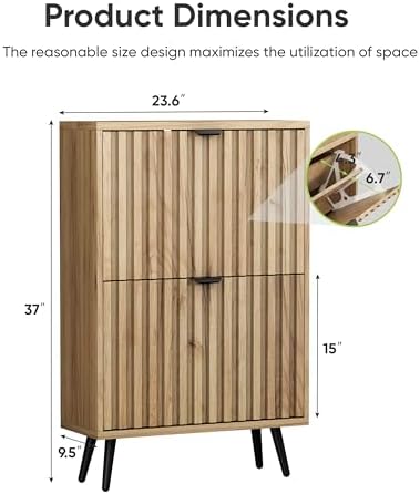 Shoe Storage Cabinet, Fluted Shoe Cabinet Storage for Entryway, Hidden Shoe Cabinet with Metal Legs,Shoe Organizer Cabinet with Flip Doors, Slim Entryway Shoe Storage Cabinet,Natural Wood-23.5in - Image 2