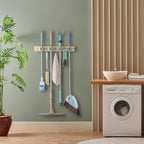 OUTNILI Mop and Broom Holder Wall Mount - Light Wood Broom Mop Hanger - Wall Mounted Garden Tool Rack Organizer for Closet Garage Laundry Room Kitchen With 4 Slots & 4 Hooks - Image 3