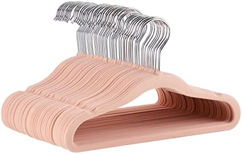 Amazon Basics Kids Space Saving Velvet Non-Slip Clothes Hangers with Shoulder Notches for Infant and Toddler, 11.6", Blush, 50-Pack by AmazonBasics