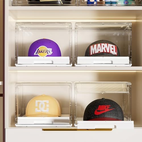 Hat Organizer for Baseball Caps Storage Organizer with Sliding Trays, Stackable Hat Boxes Holder Rack with Drawer, Clear Display Case for Hats Snapback Cap, Hold 12 Hats Each, 1 Pack - Image 5