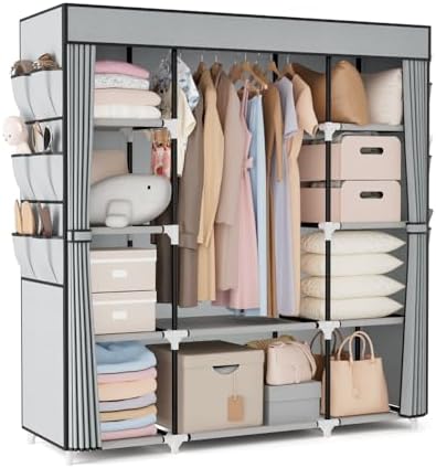 VTRIN Portable Closet Wardrobe for Hanging Clothes 57.3 Inch Large Capacity Clothes Rack with Cover, 10 Storage Organizer Shelves, 1 Hanging Rods and 6 Pockets, Free Standing Closet for Bedroom, Grey by VTRIN