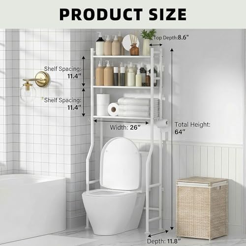 GloTika 3-Tier Over Toilet Storage, Anti-Tilt, 64" H, White - Image 2