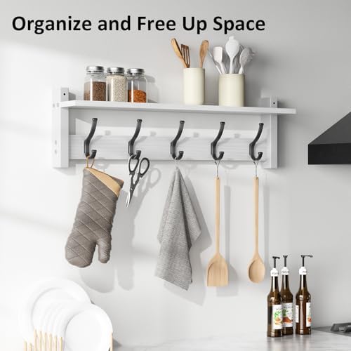 Optish Coat Rack Wall Mount with Shelf, 24 Inch Coat Hanger Walls Mounted, Hat Rack for Walls, Shelf with 5 Coat Hooks, Wall Hanger for Entryway (White) - Image 6