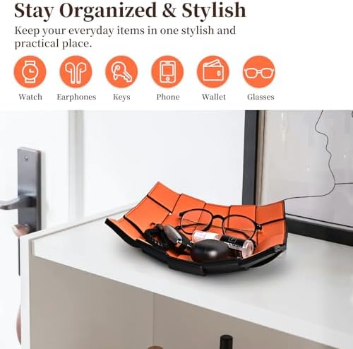 MSJGA Valet Tray PU Leather Key Holder Bowl for Women and Men Entryway Table Nightstand Desk Tray for Wallet, Keys Men's Gift - Orange & Black, 9.8" L x 9.8" W x 2" H - Image 3