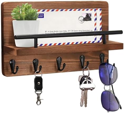 Key Holder for Wall with Mail Holder, Decorative Wooden Key Holder Wall Mount, Mail Rack Organizer with Shelf for for Entryway Office Hallway Home Decor, Rustic Brown by kgalvgcy