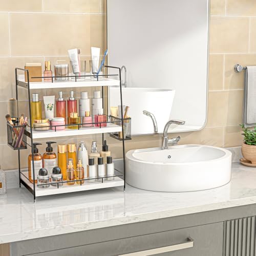 Wood Bathroom Counter Organizer with Metal Frame for Vanity Storage ,White - Image 4