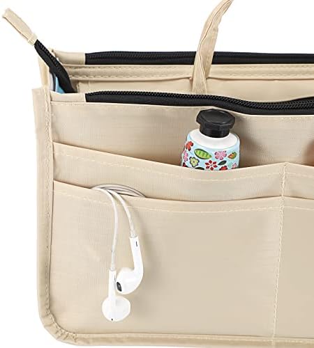BTSKY Printing Handbag Organizers Inside Purse Insert - High Capacity 13 Pockets Bag Tote Organizer with Handle Beige - Image 6