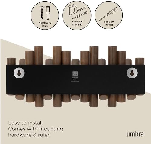 Umbra Picket Coat Rack, Wall Mount 5 Flip-Down Coat Hooks, Walnut - Image 6