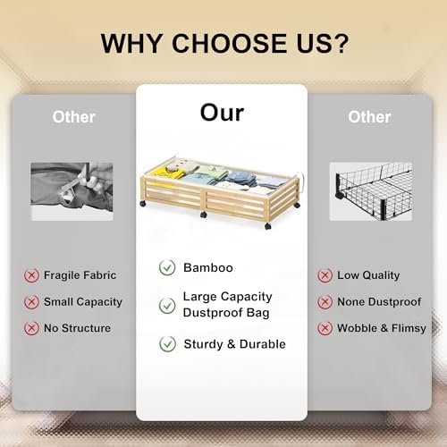 Under Bed Storage with Wheels-Large Bamboo Underbed storage Containers with Large Dust Bag Stackable Under the Bed Shoe Storage Bins for Clothes Books Bedding (2 Packs Nature, 33.07"L×16.54"W× 6.5"H) - Image 3