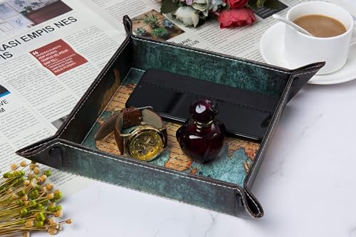Valet Tray Desktop Storage Organizer, Vegan Leather Catchall Bedside Vanity Tray Nightstand Caddy Holder for Remote Controller, Watch, Keys, Phone, Wallet, Sunglasses, Jewelry - Map - Image 3