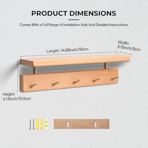 Walnut Wood Coat Rack with Shelf, Wall Mounted Entryway Organizer - Image 3