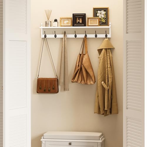 BAMEOS 35" L Wall Hooks with Shelf, Entryway Coat Hooks, Wood Wall Hanging Shelf, Wall-Mounted Coat Rack with 7 Dual Metal Hooks for Bathroom, Kitchen, Living Room, Bedroom (White) - Image 4