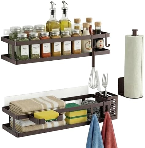 PUSDON 5-in-1 16.5" Extra Long Kitchen Organizer & Shower Caddy Set, Wall Mount Spice Rack with Paper Towel Holder, Utensil Holder & Soap Dish, Rustproof Mesh Storage Rack, Vintage Bronze, Guardrail by PUSDON