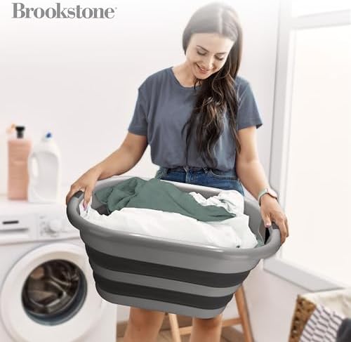 BROOKSTONE 11 GALLON XL 24" Collapsible Laundry Basket & Clothes Hamper, Comfort Non-Slip Handles, Modern Laundry Hamper with Space Saving Design, Portable Pop-Up Hamper, BPA FREE, Grey/Black, 1 Pack - Image 2