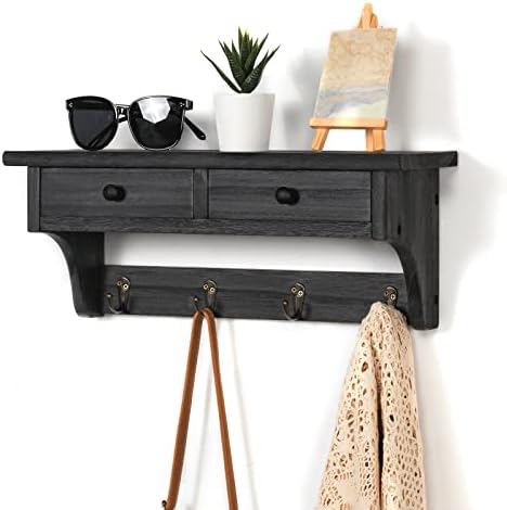 Emfogo Wood Coat Hooks Wall Mounted, Rustic Style with 4 Hooks & Shelf for Entryway, Mudroom, Bedroom, Kitchen, Bathroom (Black) - Image 2