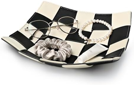MSJGA Black and White Checkered Valet Tray PU Leather Key Holder Bowl for Women and Men Entryway Table Nightstand Desk Tray for Wallet, Keys Men's Gift - 9.8" L x 9.8" W x 2" H by MSJGA